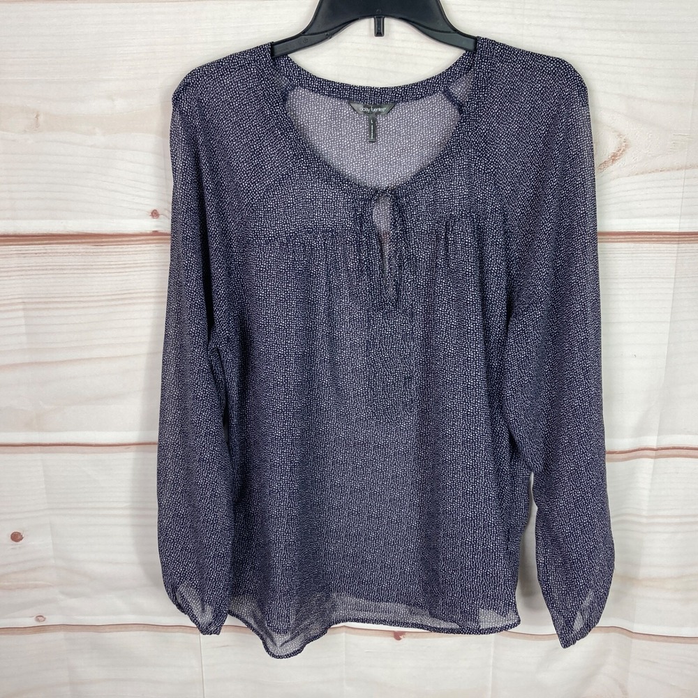 Daisy Fuentes Top Women L Blue Dot Print Blouse Sheer Tie Neck Long Sleeve Woven